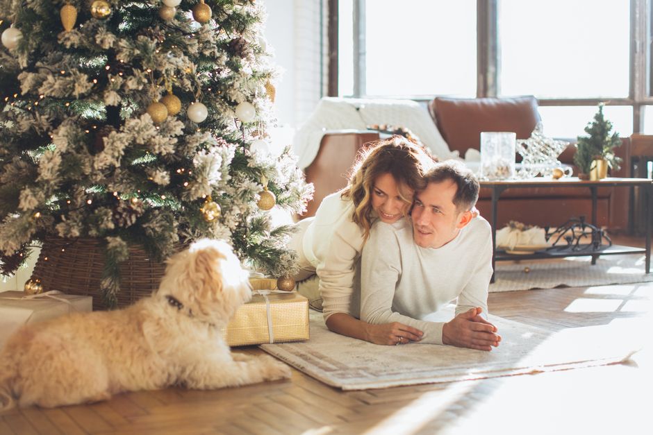 A couple embraces near a Christmas tree with their dog, enjoying a festive and cozy moment at home.