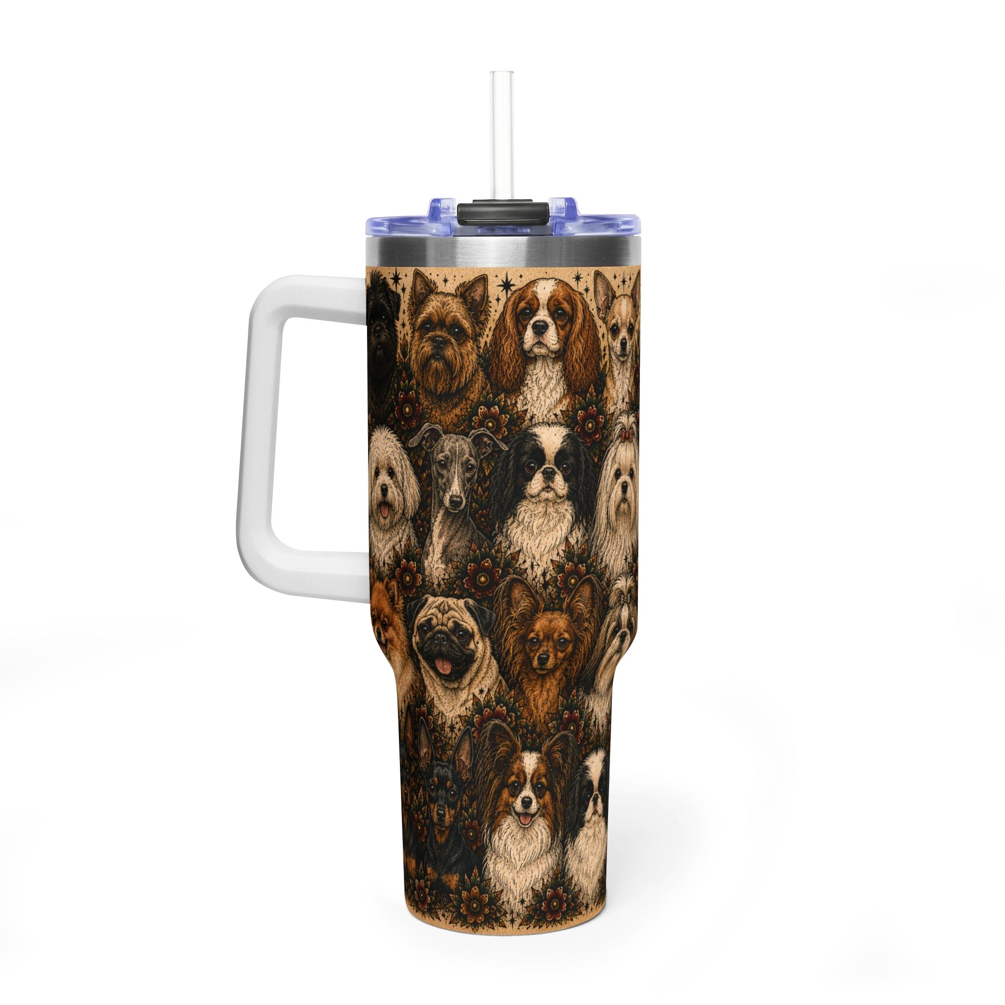 A tall handled travel tumbler with a clear straw and a printed collage of various dog portraits in warm brown, tan, and black tones. The tumbler has a white handle, a clear lid, and a black rim, shown on a clean white background.
