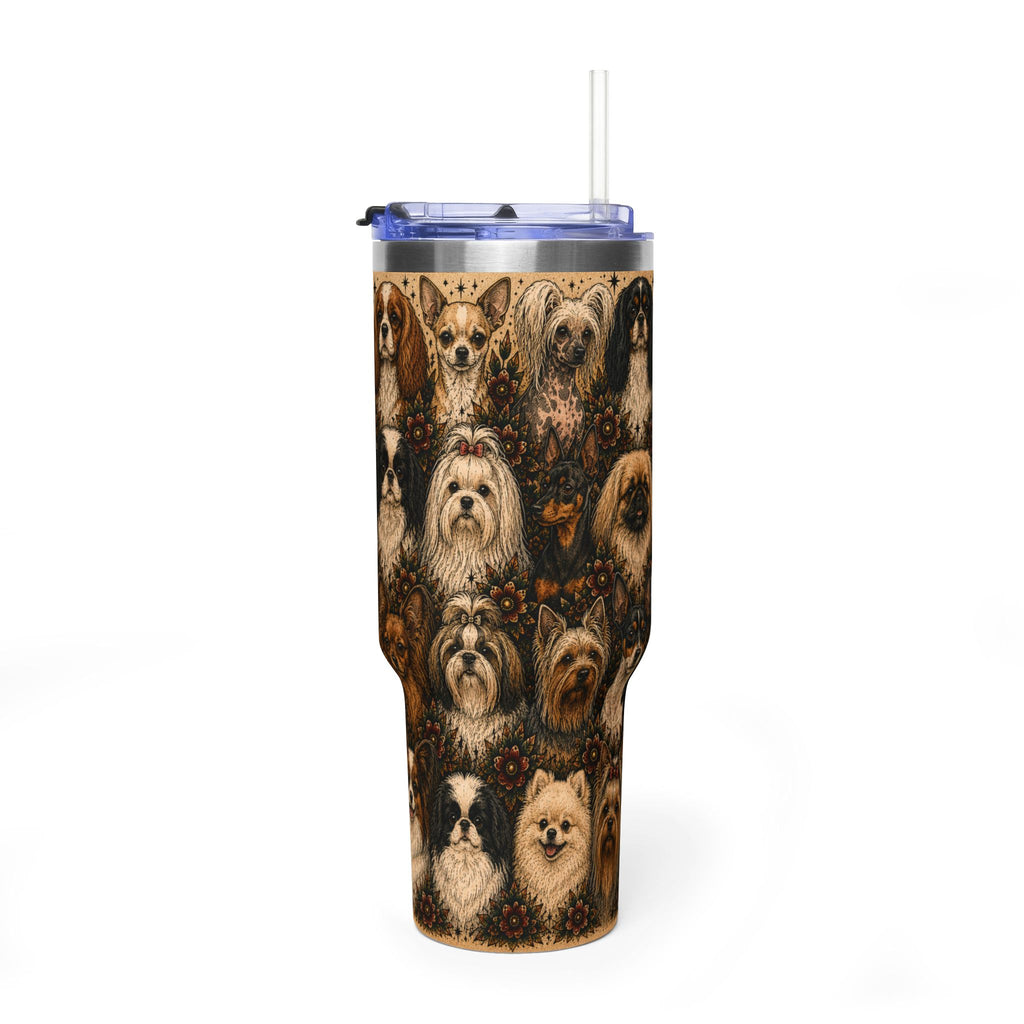 A tall insulated tumbler with a clear lid and straw, featuring a collage print of various dog breeds in warm brown, tan, and cream tones, shown on a white background.