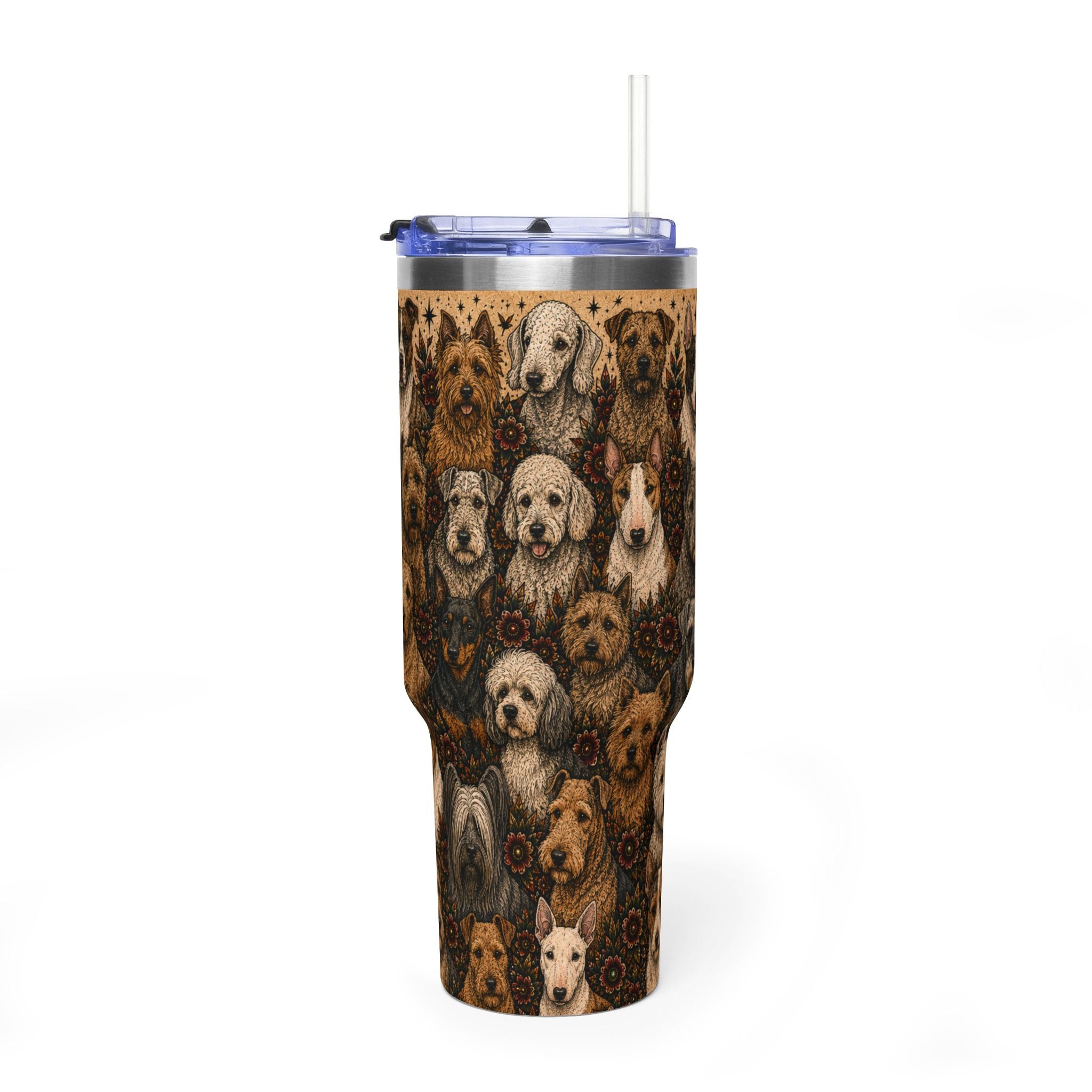 A tall insulated tumbler with a clear lid and straw, featuring an all-over print of various dog portraits on a dark brown patterned background.