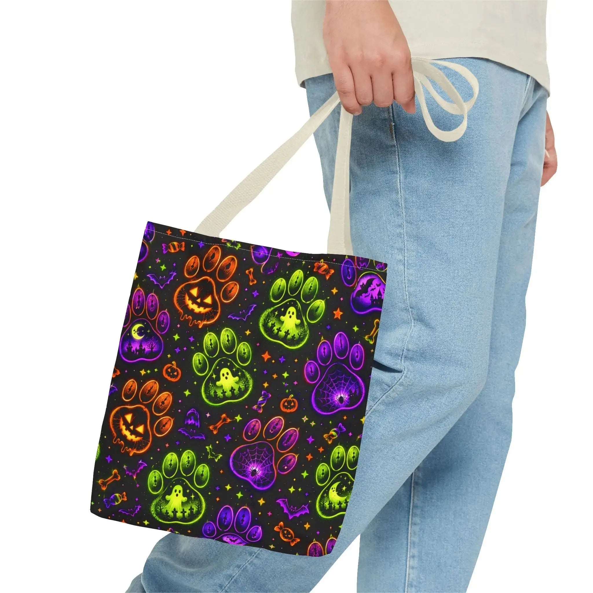 Spooky Neon Paw Print Tote Bag – Halloween Dog Lover Gift Printify
