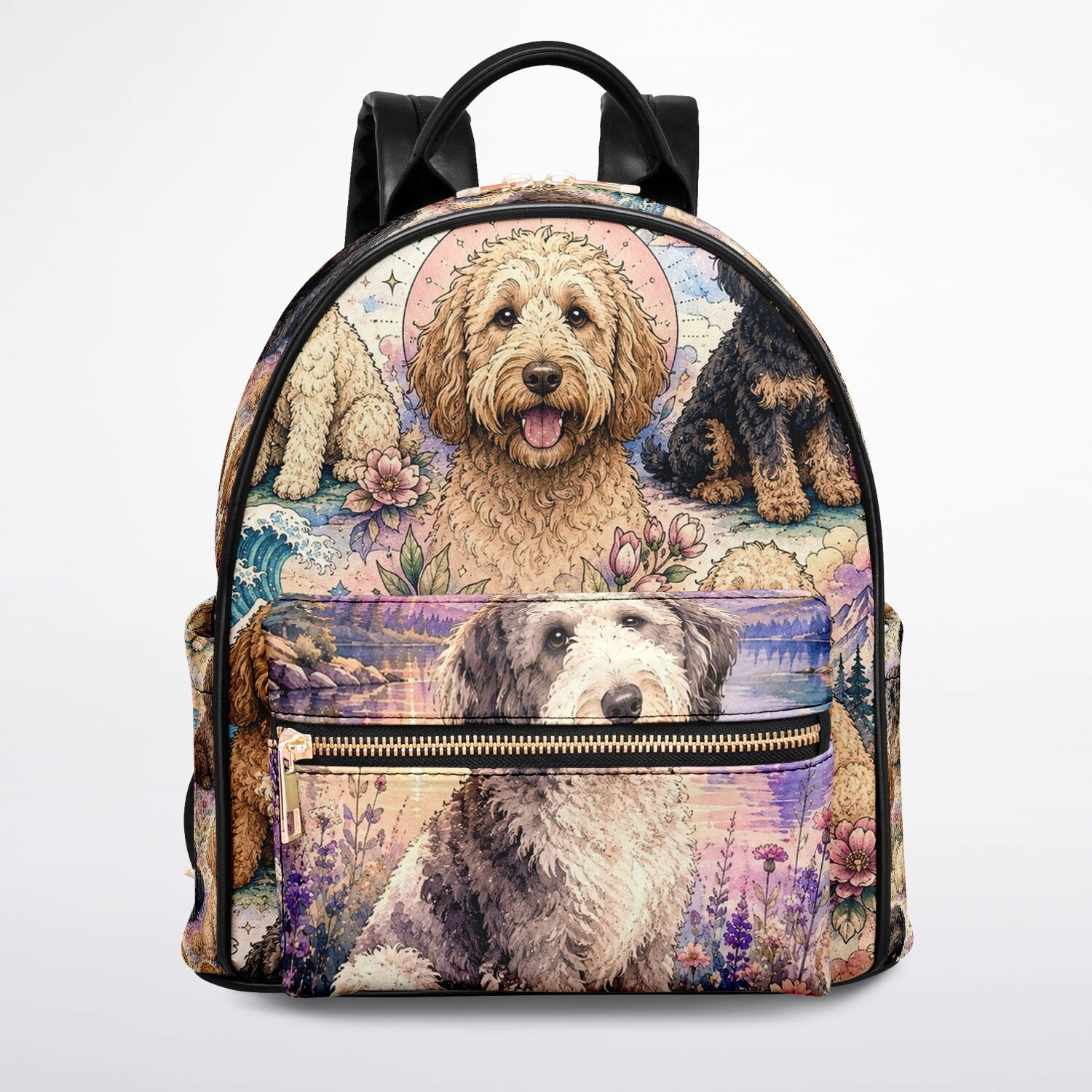Pastel Doodle Adventure Mini Backpack | Dog Lover Backpack | Sheepadoodle, Goldendoodle & Bernedoodle Inspired Mini Backpack - AOP