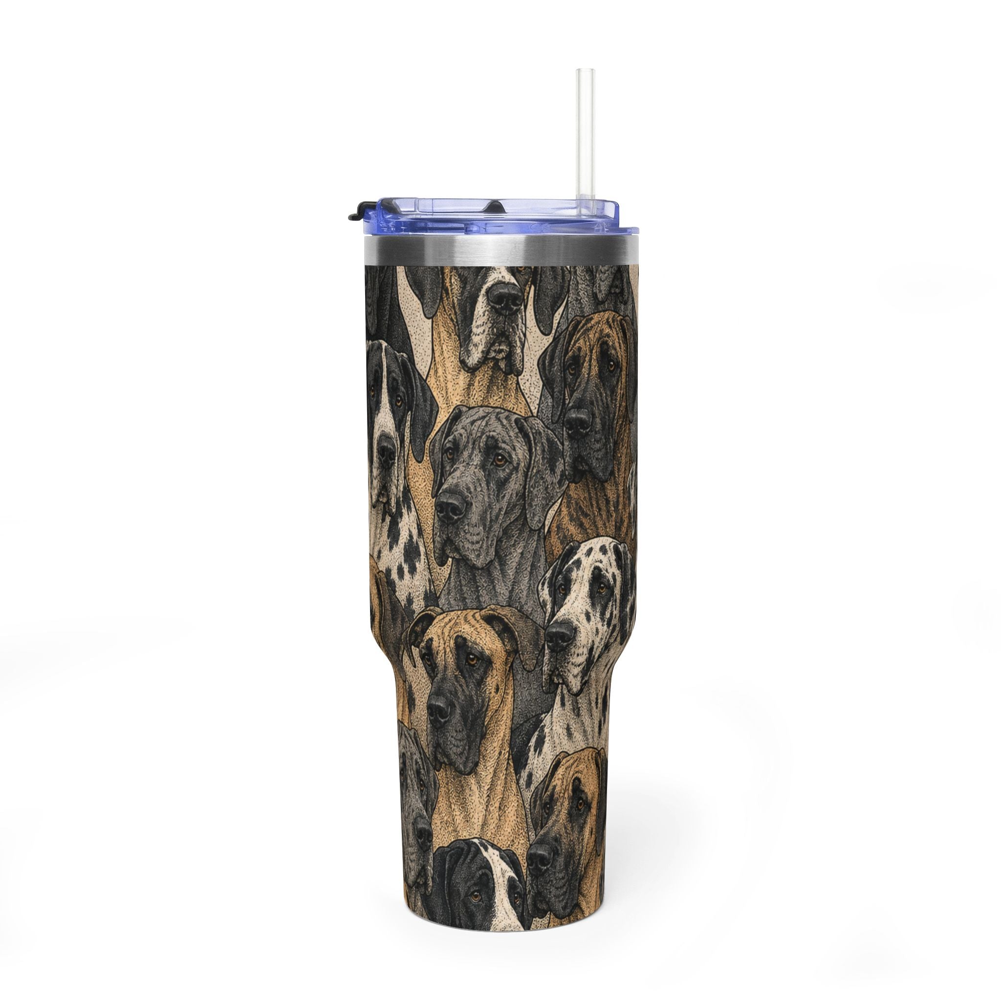 A tall insulated tumbler with a clear lid and straw, featuring an all-over print of various dog portraits in black, white, tan, and brown tones, shown on a clean white background.
