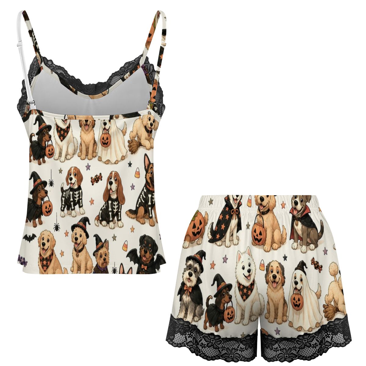 Women Cami Lace Pajama Set halloween dog pattern