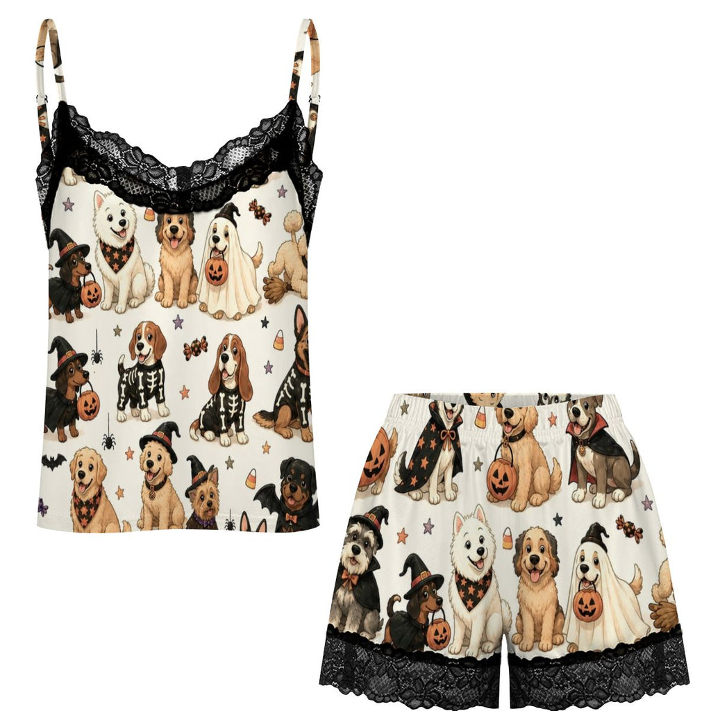 Women Cami Lace Pajama Set halloween dog pattern