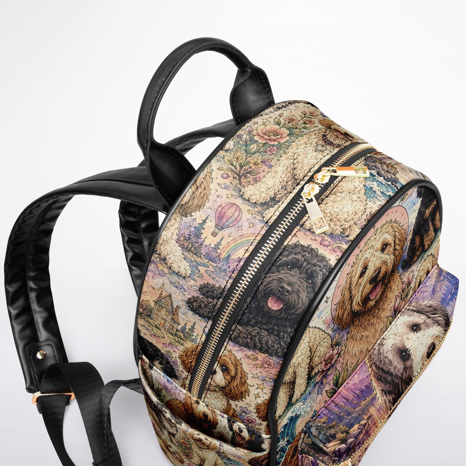Pastel Doodle Adventure Mini Backpack | Dog Lover Backpack | Sheepadoodle, Goldendoodle & Bernedoodle Inspired Mini Backpack - AOP